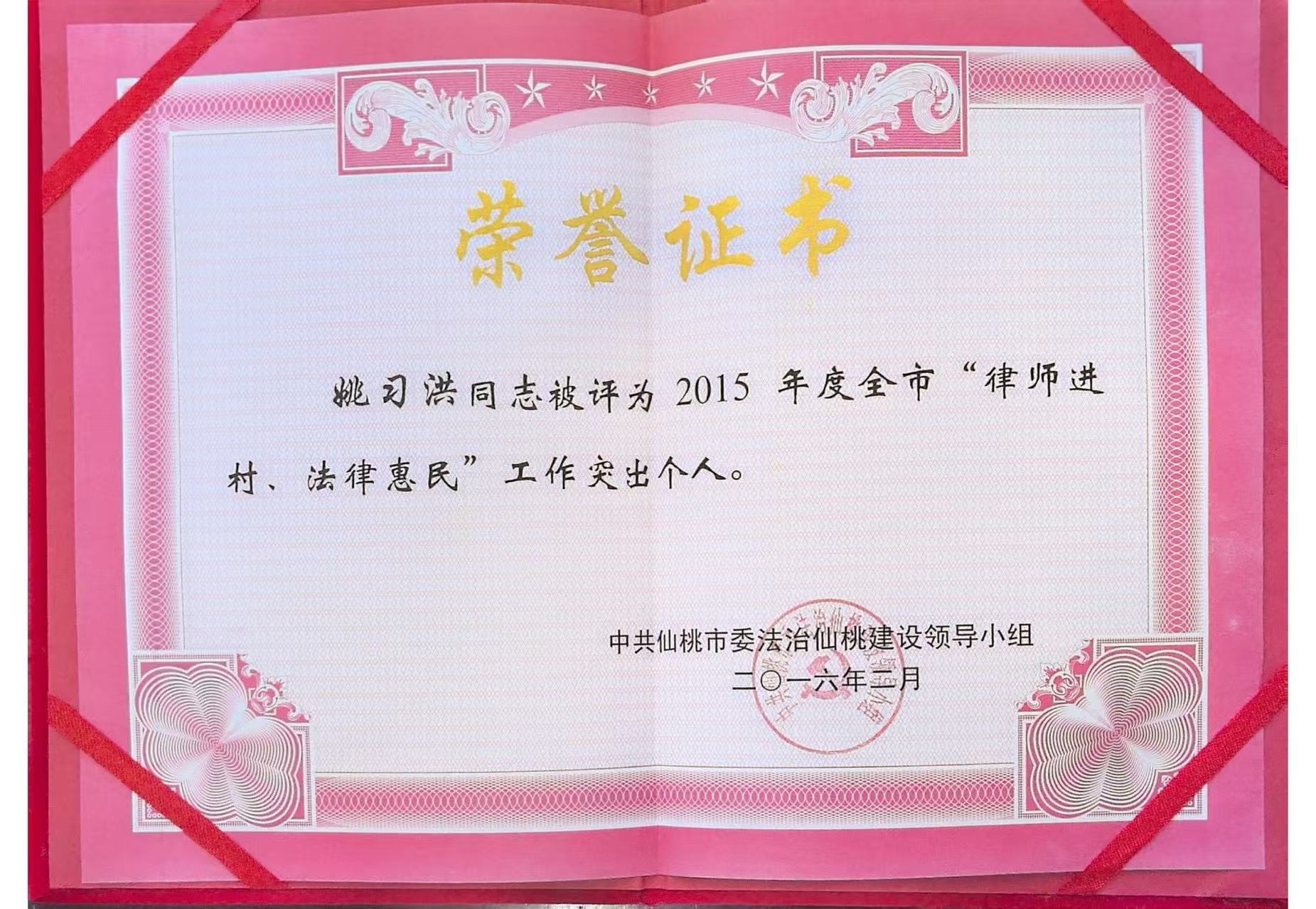 2015年度全市“律师进村、法律惠民”工作突出个人